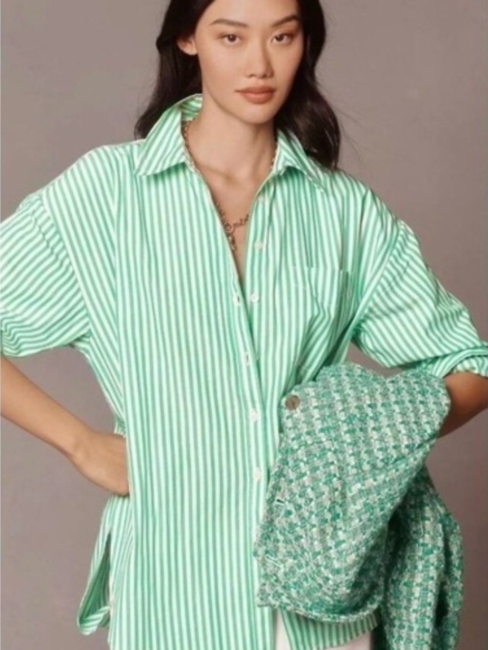 Maeve Anthropologie The Bennet Green Stripe Buttondown MP